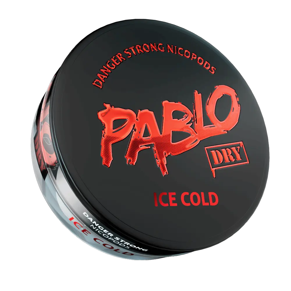Pablo Dry low-moisture nicotine pouches cans in Ice Cold, Red and X Ice Cold